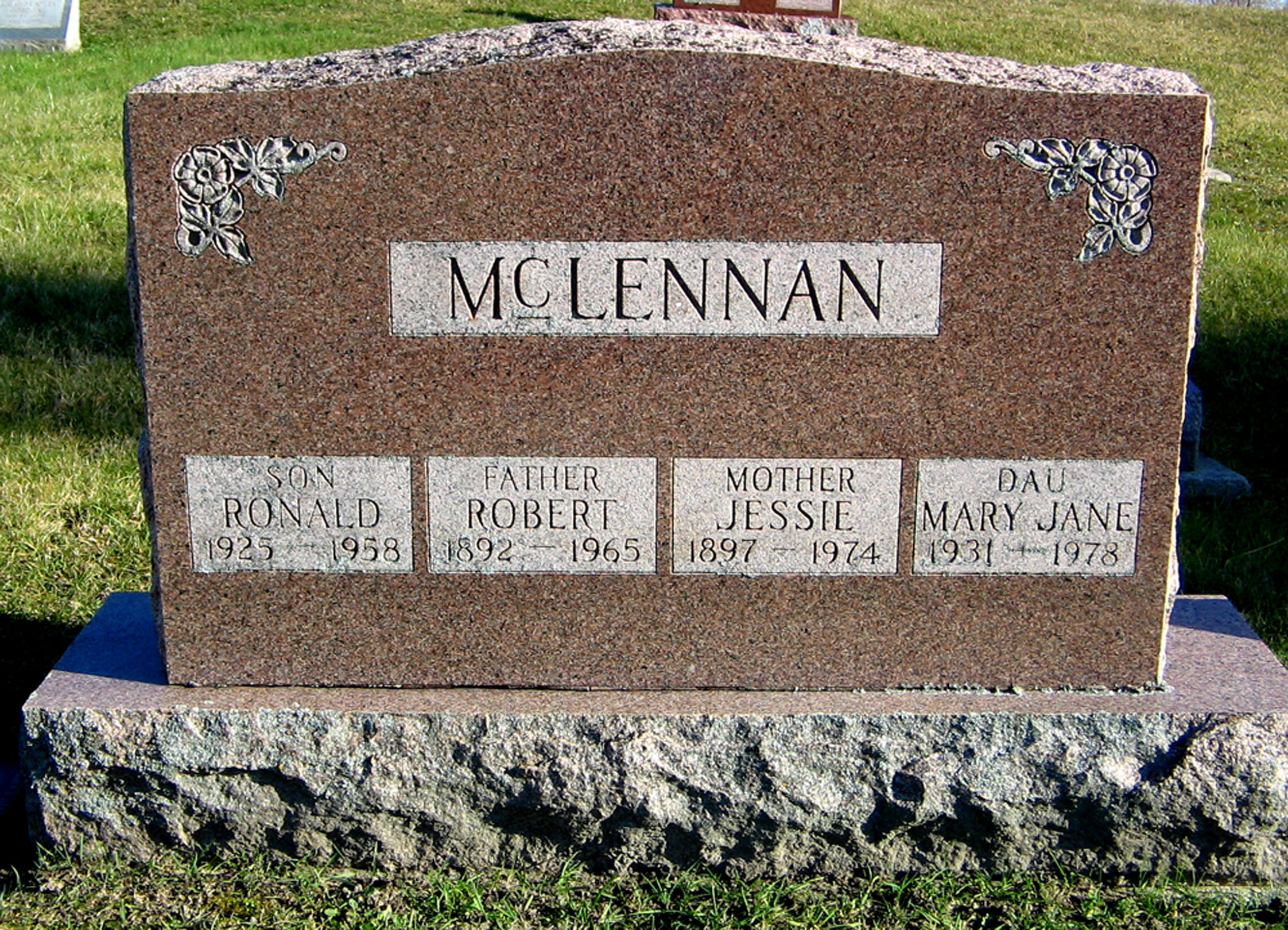 Photo of headstones/Robert McLennan died 1965 MI Riverside Cemetery Millersburg Michigan